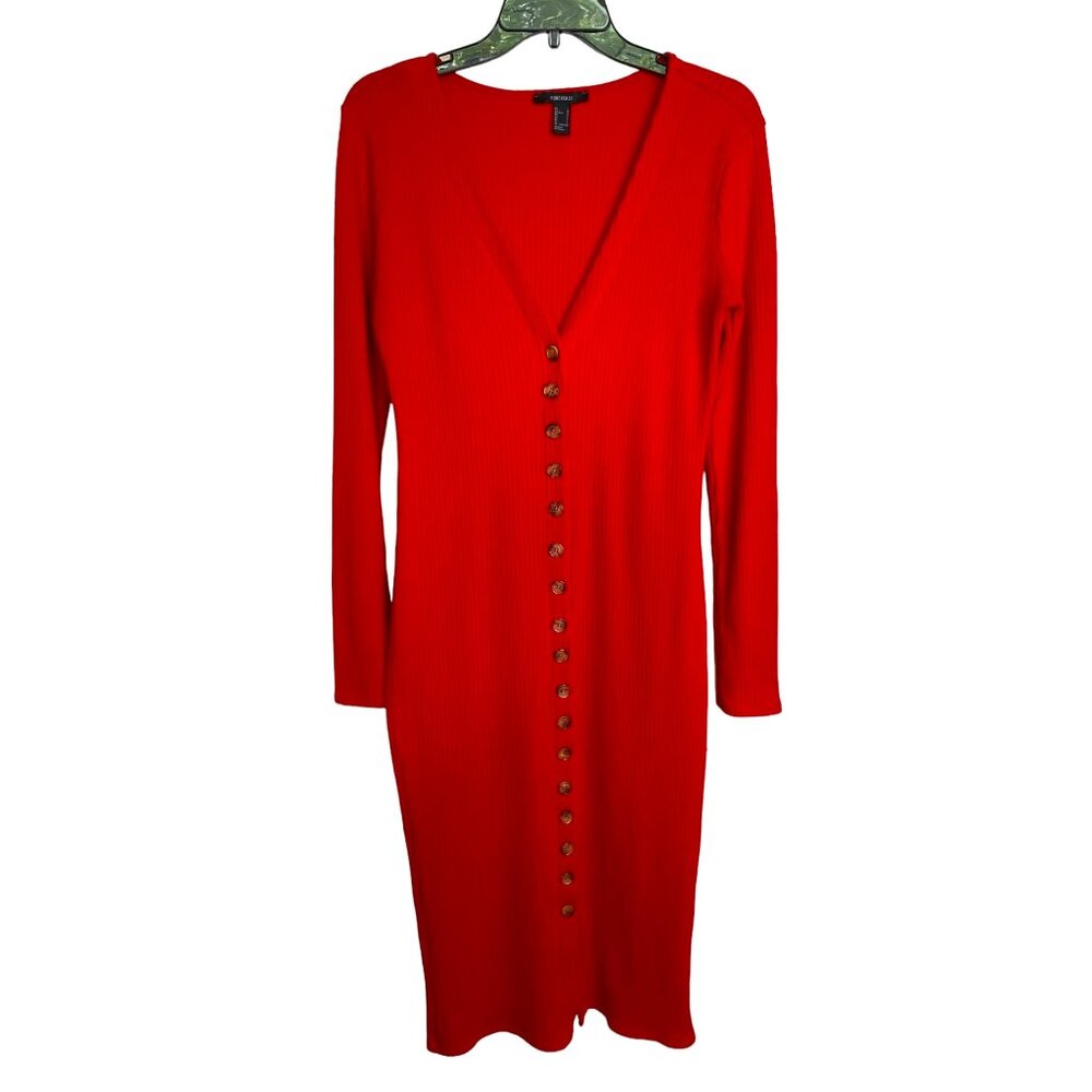 Forever 21 Red Ribbed Knit Button Down Midi Sheath Dress Size L Office Siren